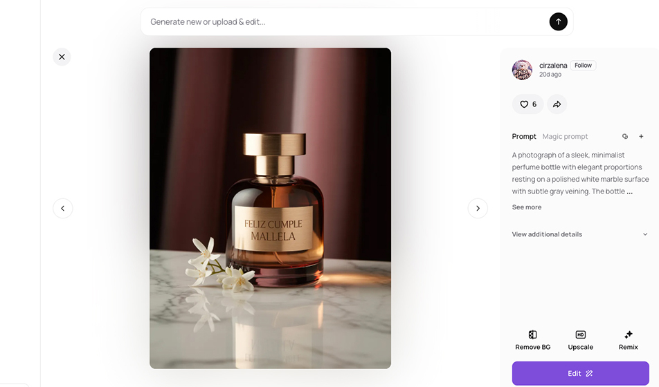 Visual prototype for perfume packaging created using Ideogram generative artificial intelligence (AI).