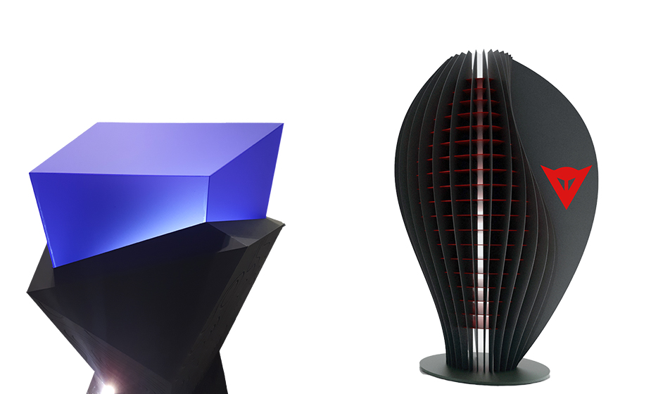 A sinistra, Progetto HyperGem. A destra, espositore realizzato per Dainese