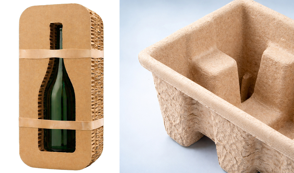 A sinistra: Portabottiglia in cartone ondulato. La struttura che unisce stabilità e design. A destra: Molded pulp. Fibra modellata: precisione formale e resistenza.