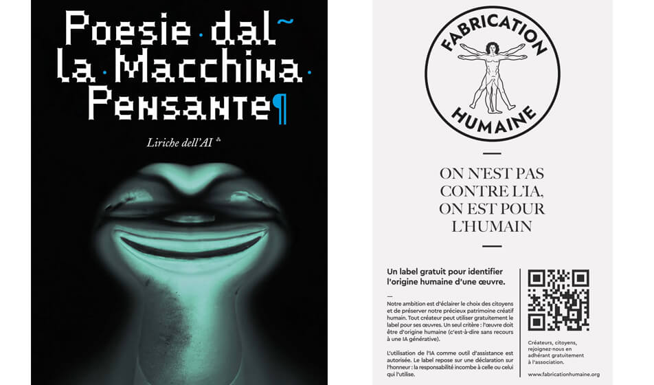 A sinistra: Copertina del libro “Poesie dalla macchina pensante: Liriche dell'AI” di Andrea Filippi e Gabriele Moschin (pubblicato indipendentemente, 2023) | A destra: Un manifesto per "Fabrication Humaine", un'iniziativa francese che introduce un marchio gratuito per certificare le opere creative realizzate da esseri umani e sostenere gli artisti umani accanto all'IA.