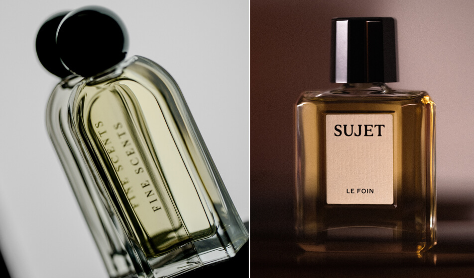 A sinistra: Fine Scents è un connubio tra l'“art de vivre” britannica e quella francese, racchiuso in un flacone elegante. Il lusso è appena accennato dalle linee delicate scolpite nel vetro. Collo filettato per facilitare la ricarica e la raccolta differenziata. Design di Jules Dinand. | A destra: Sujet è un nuovo brand di profumi incentrato su ingredienti naturali, creato dal fondatore di Typology Cosmetics. Il flacone leggero, disegnato da Jules Dinand, evoca le stagioni, la natura e l'agricoltura sostenibile. Presenta un'etichetta in carta e un tappo nero sfaccettato in bachelite.