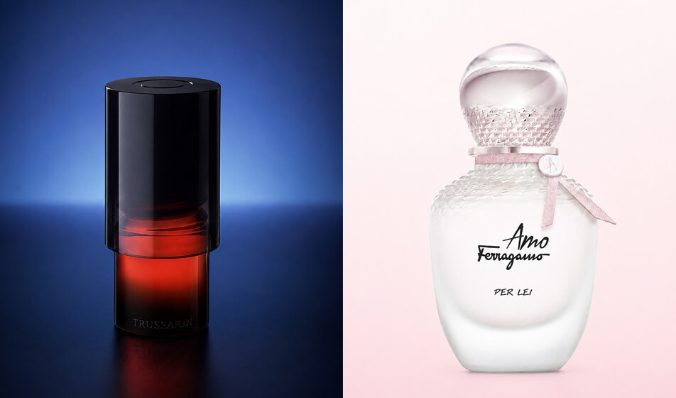 A sinistra: Trussardi. La resina scura e trasparente lavora per sovrapposizione: filtra il colore, trattiene la luce e dà al tappo una presenza compatta e sofisticata. | A destra: Amo Ferragamo. Un tappo in resina che racchiude un nucleo metallico; un abbinamento tecnicamente complesso dagli effetti estetici tridimensionali. Foto courtesy of Candiani.